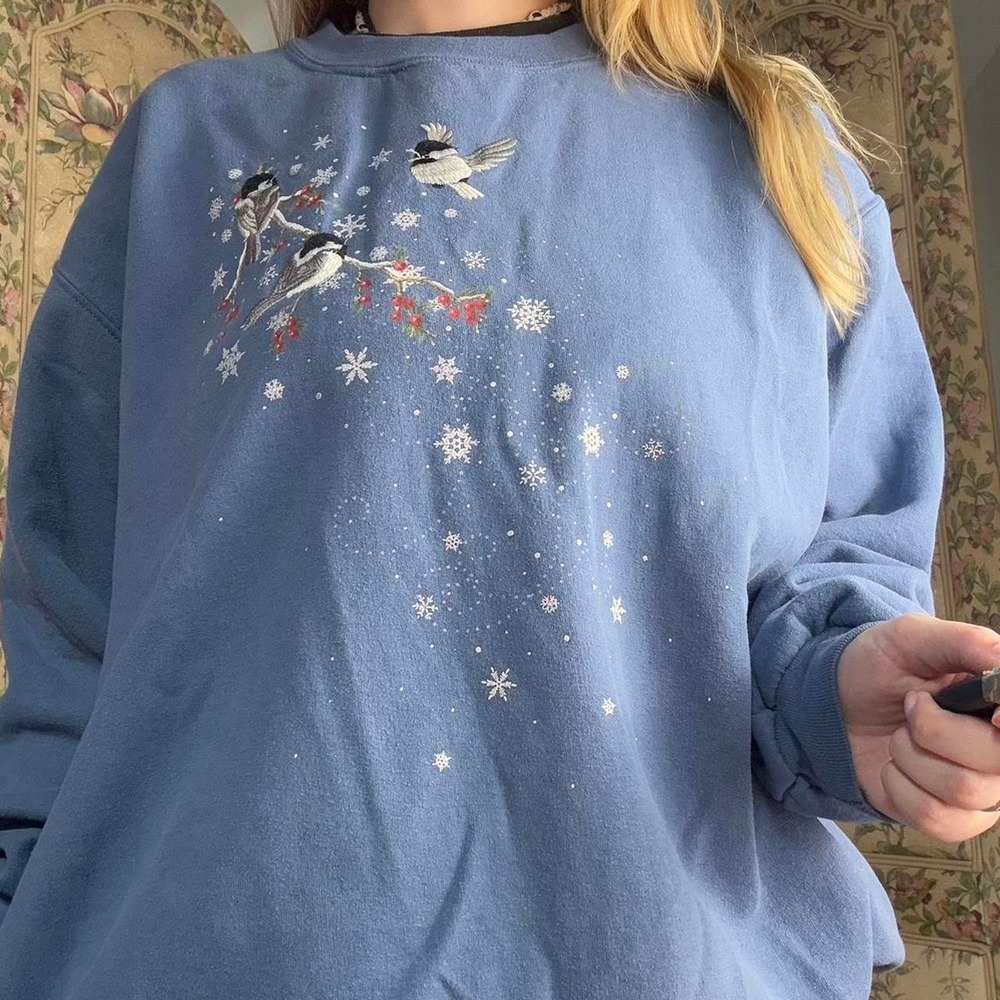 Vintage 1990s Blue Birdy Granny Sweater Winter Crew Neck Blue M L